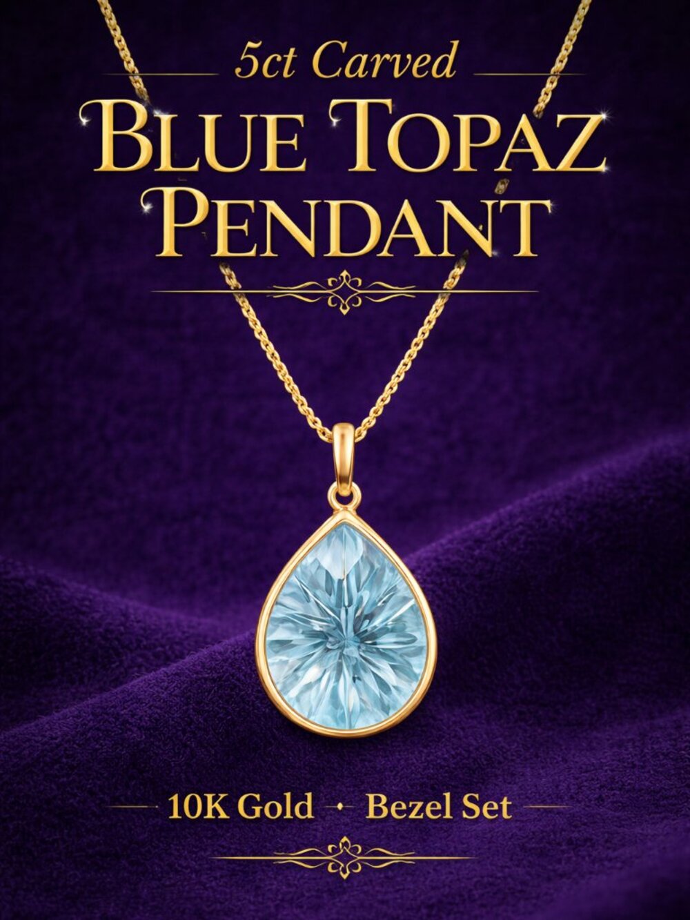 Carved Blue Topaz Pendant 10K Gold, Bezel Set Topaz Pendant, Teardrop Blue Topaz